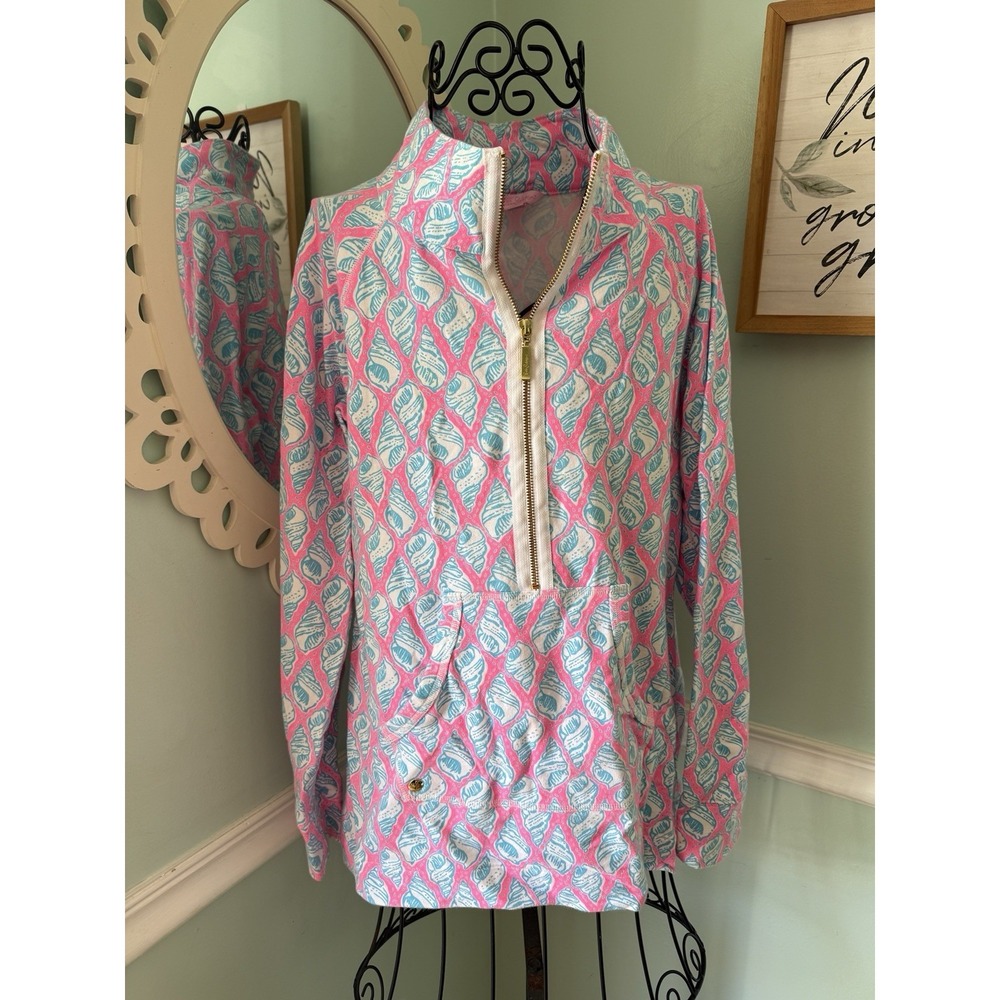 Lilly‎ Pulitzer Shirt Size M Pink Blue Shell Print Little Tipsy Skipper Top